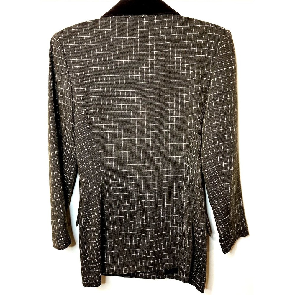 Vintage SANDRO Paris Brown Checked Double-Breasted Velvet Trim Blazer Sz S - Picture 2 of 9